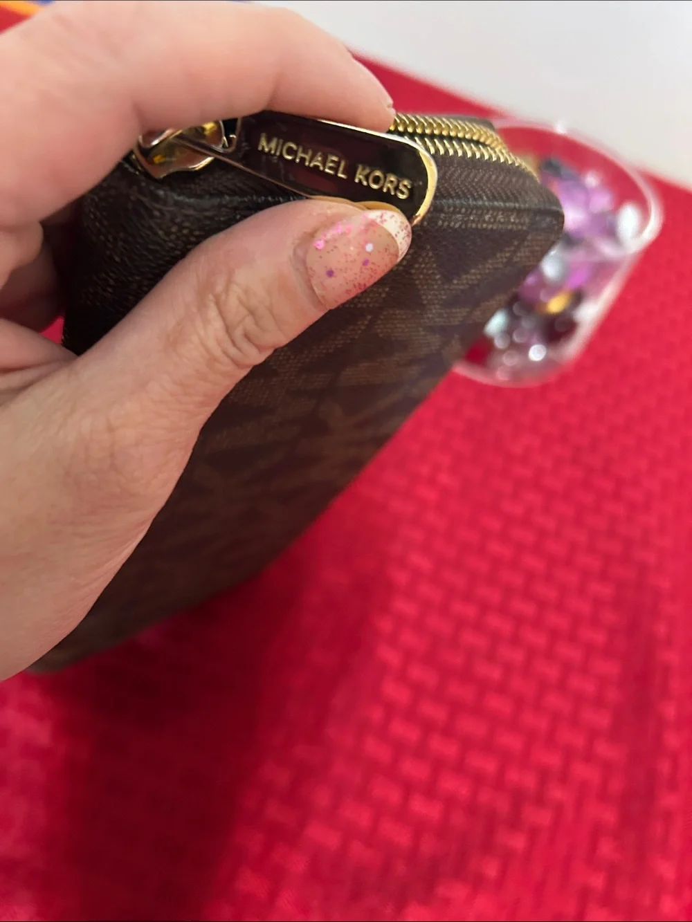 Michael Kors Brown Monogram Zip Wallet with Gold Plaque - Picture 6 of 6